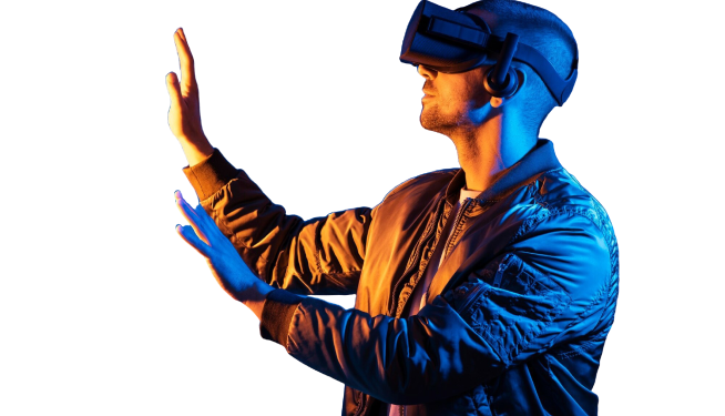 Person in VR headset - building the future of technology